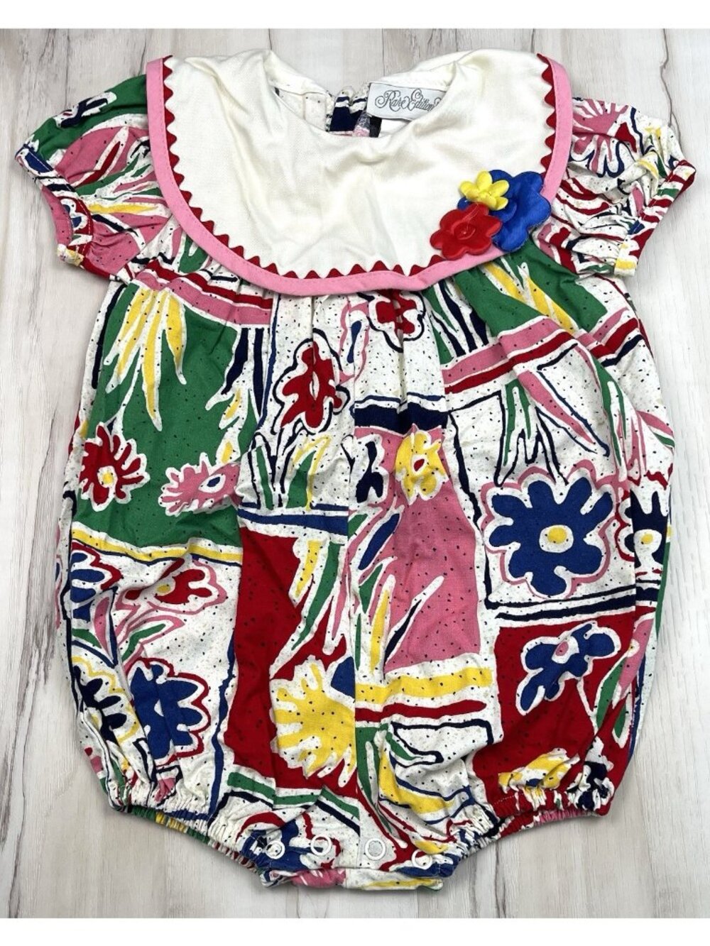 VTG RARE EDITIONS Kids Girl 18M Colorblock Floral Bubble ROMPER Peter Pan Collar